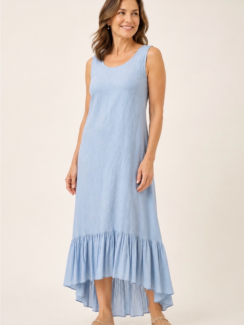 100 % Linen CHARLIE B Light Blue Sleeveless High-Low Ruffle Hem Dress